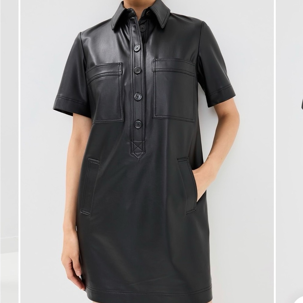 Veronica Beard Black Short-Sleeve Faux-Leather Shirt Dress